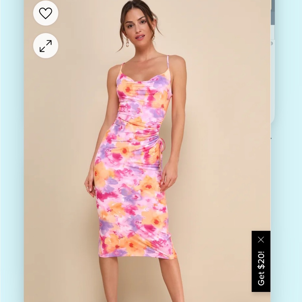 Vibrant Babe Pink Multi Floral Cutout Drawstring Midi Dress LULU’s XS